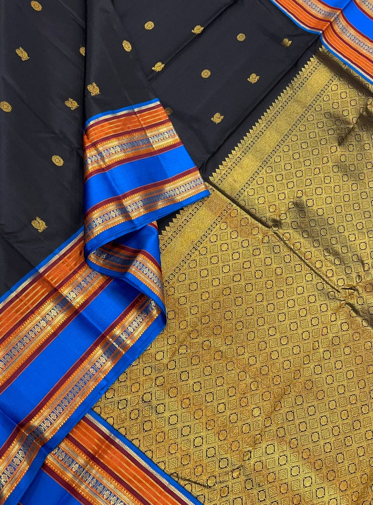 Black with blue & gold kanjipuram