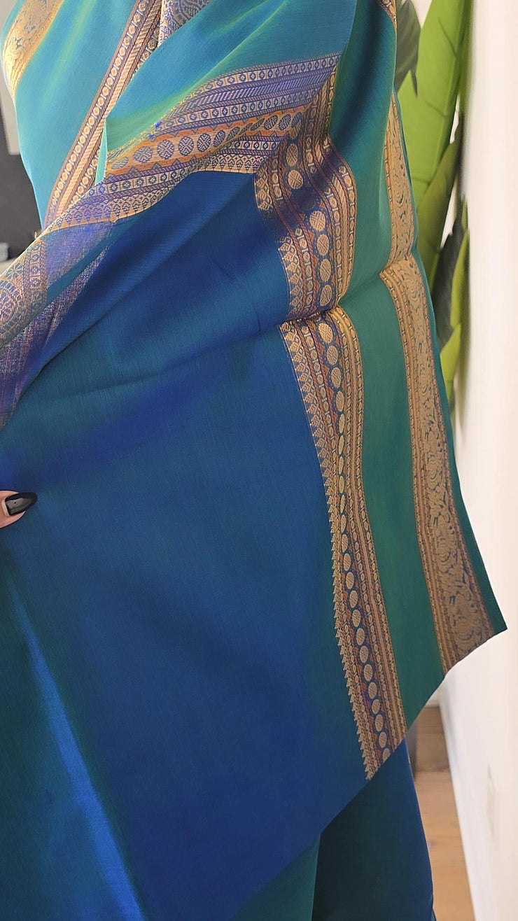 Peacock Blue Pure Handloom Silk Cotton