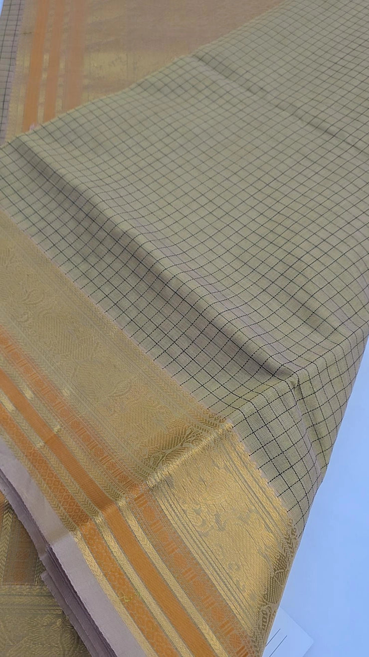 Beige silk cotton check saree