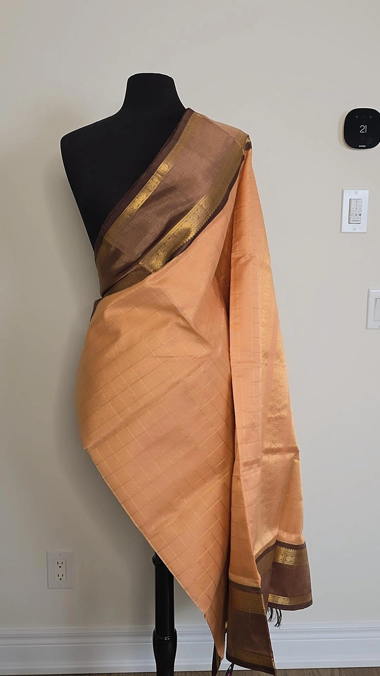 Peach with brown Pure Handloom Silk Cotton