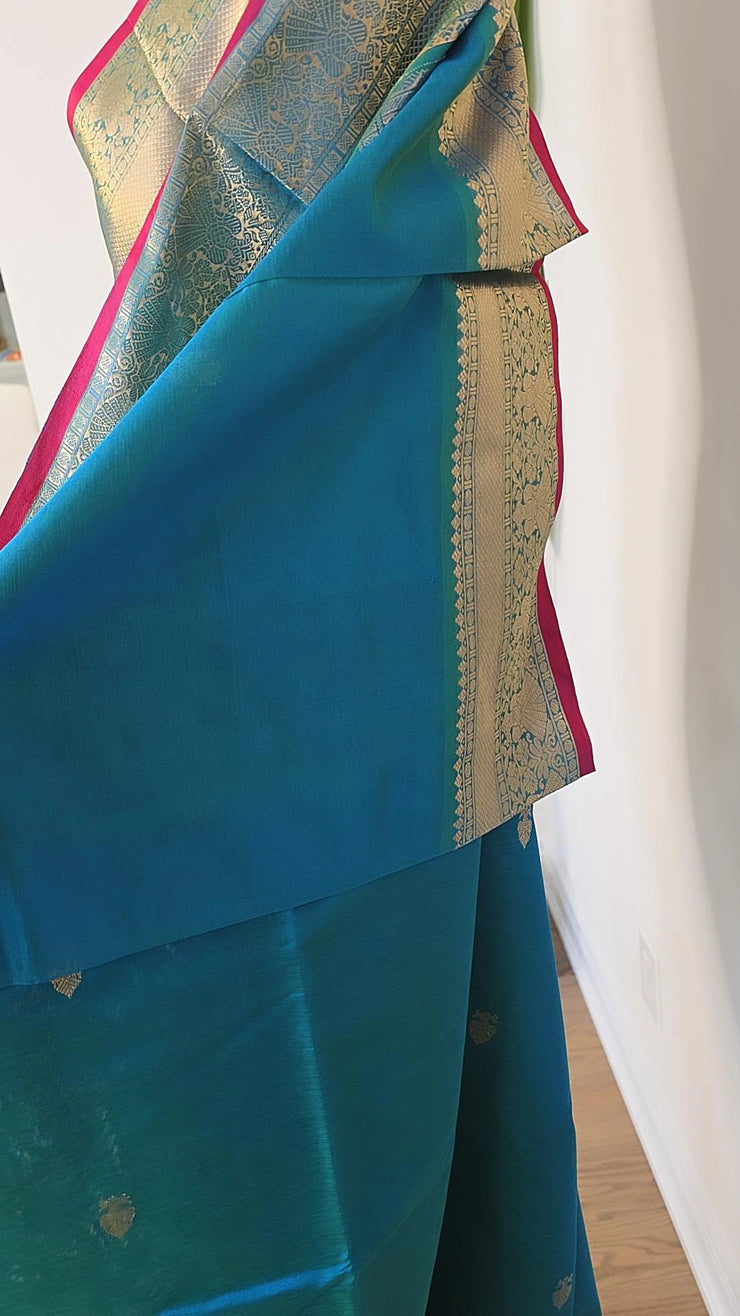 Peacock Blue Pure Handloom Silk Cotton