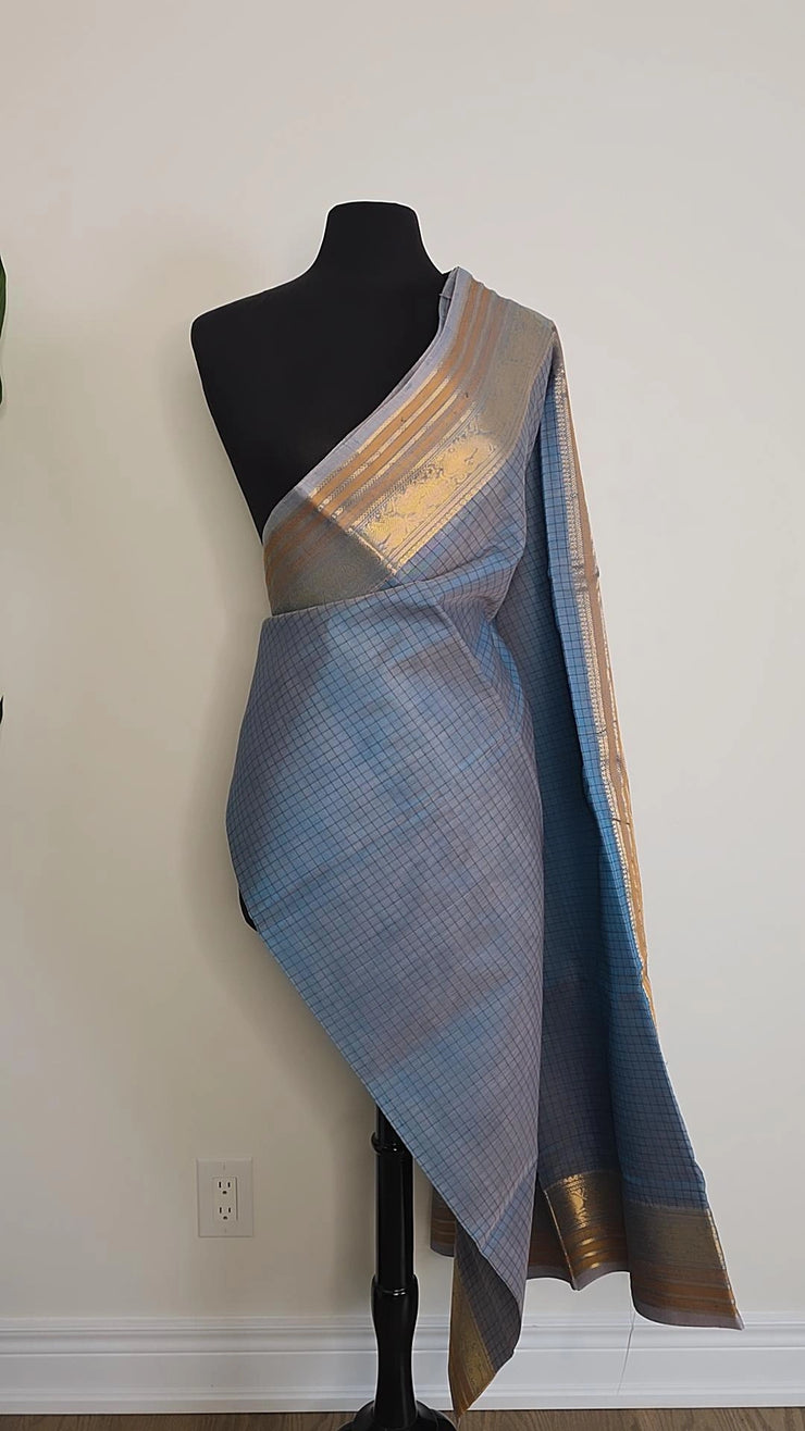 Baby blue check silk cotton