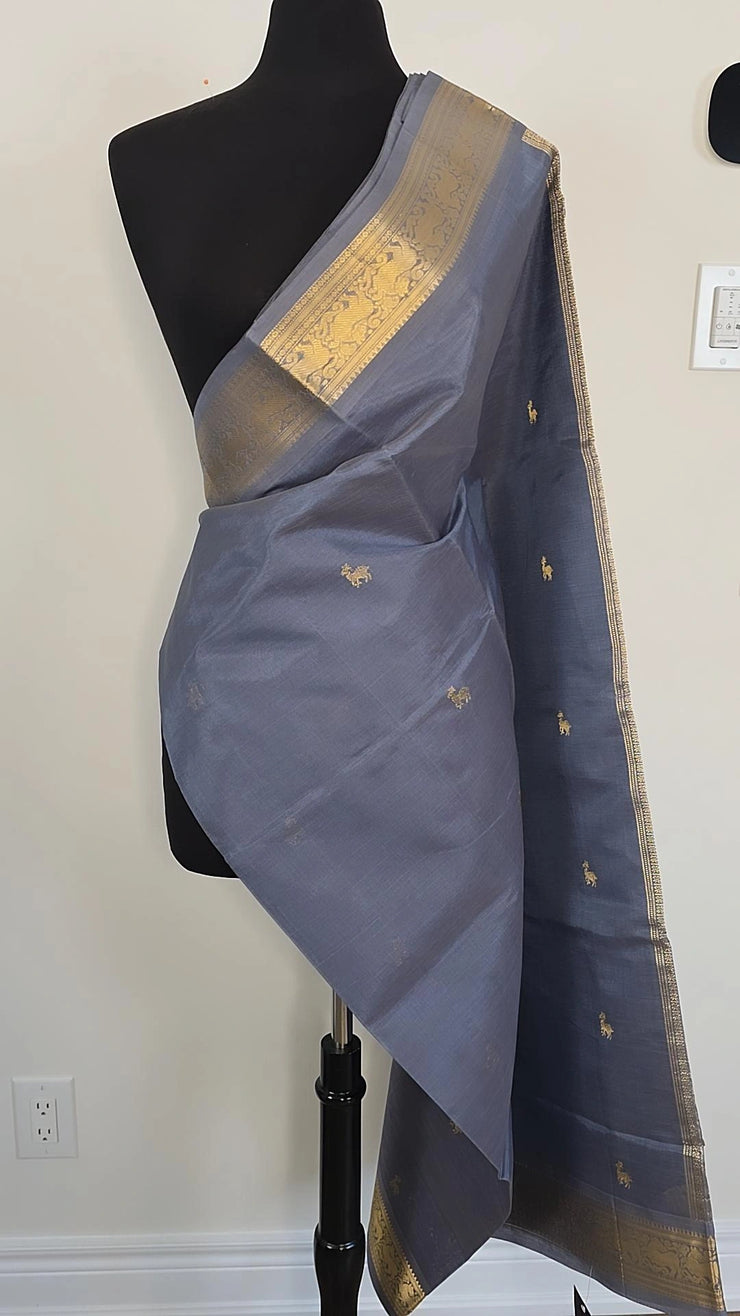 Dusty Blue Gray Pure Handloom Silk Cotton