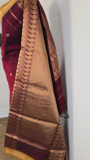 Deep Maroon Pure Handloom Silk Cotton Saree With Mustard Border