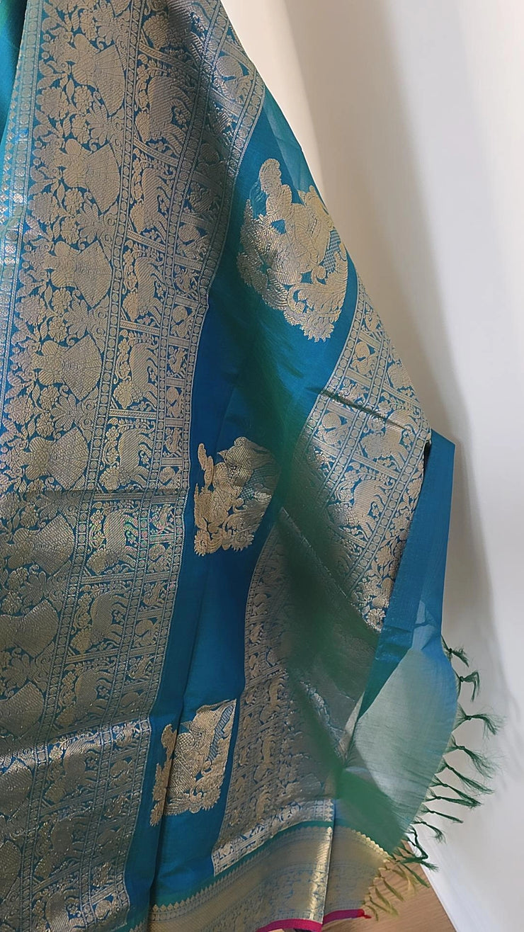 Peacock Blue Pure Handloom Silk Cotton