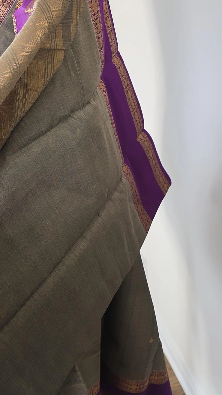 Grey With Purple Premium Cotton Saree