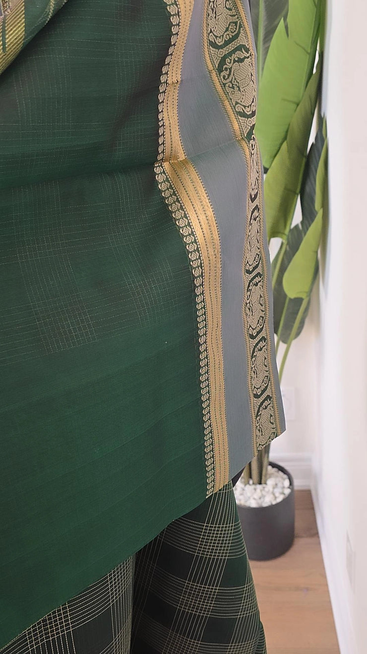 Dark Green Pure Handloom Silk Cotton Check