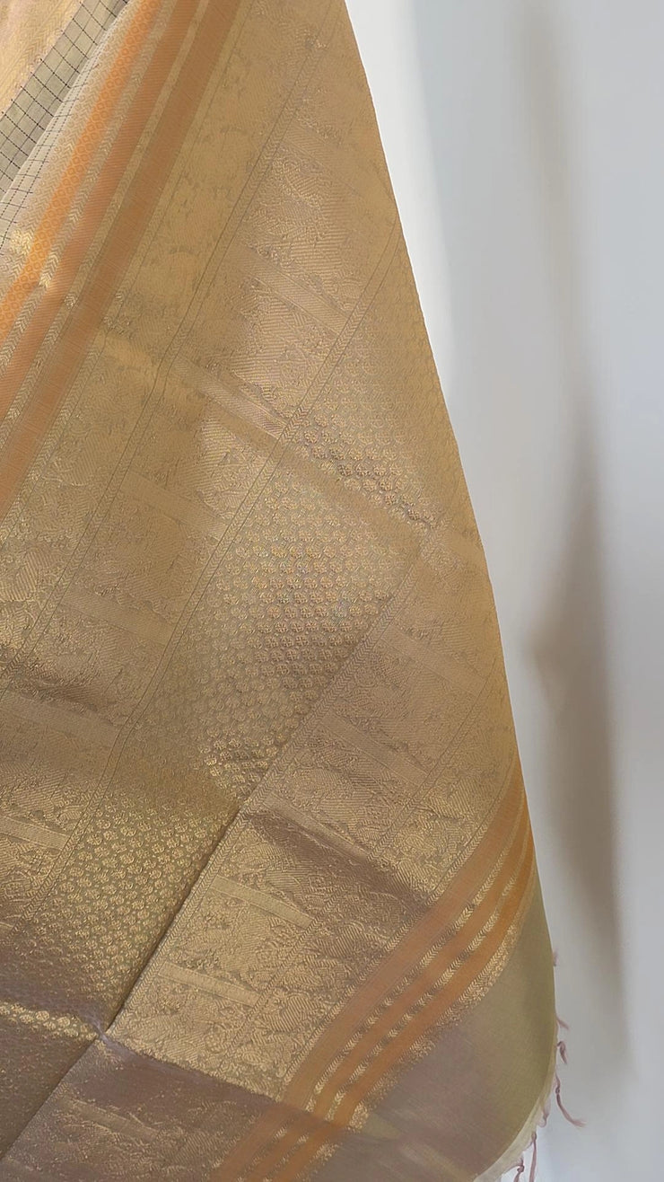 Beige silk cotton check saree