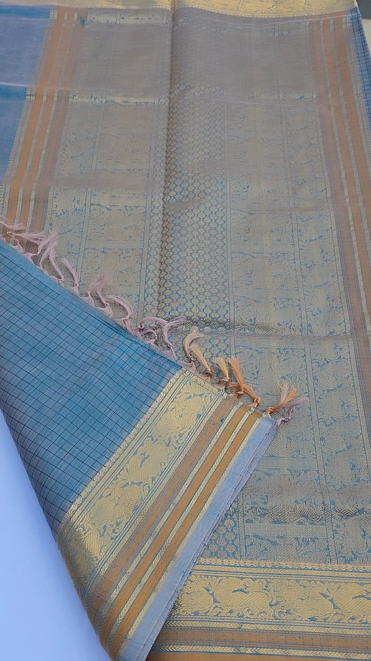 Baby blue check silk cotton