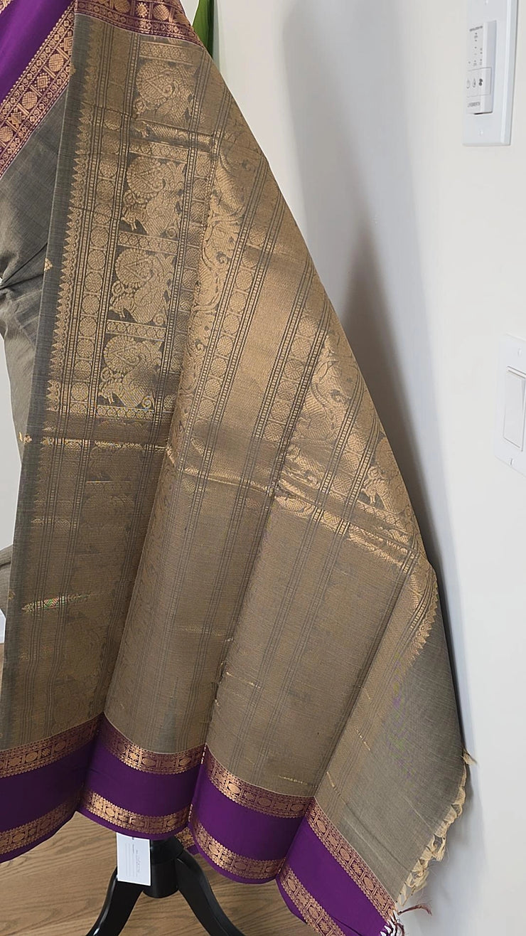 Grey With Purple Premium Cotton Saree