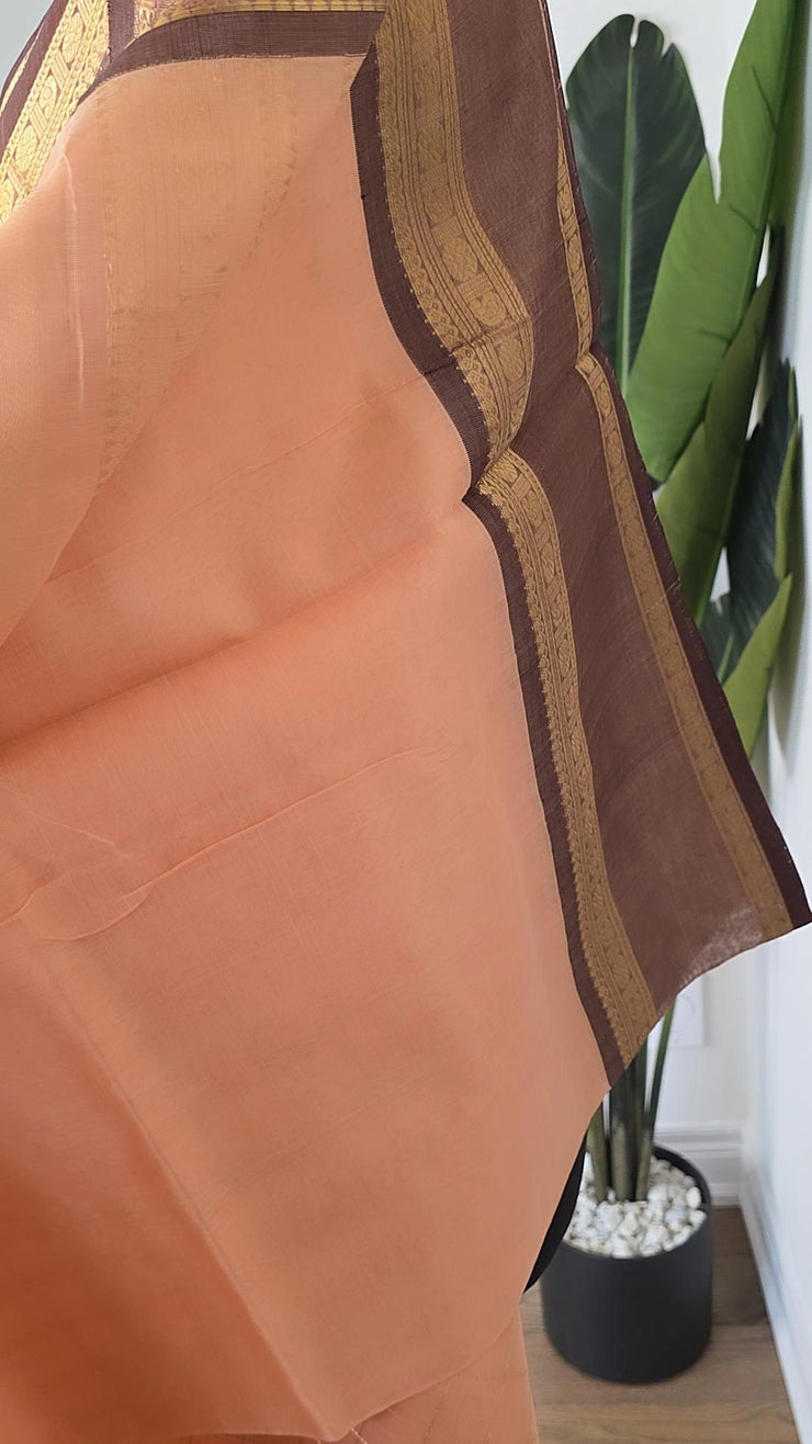 Peach with brown Pure Handloom Silk Cotton
