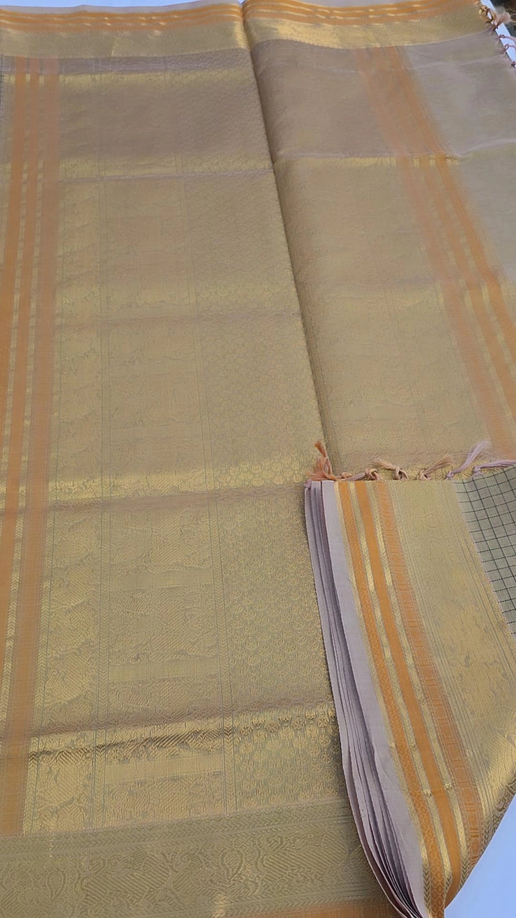 Beige silk cotton check saree