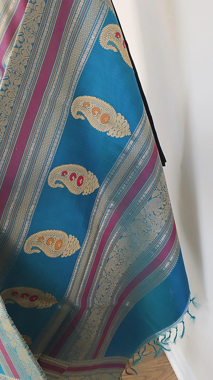 Turquoise Pure Handloom Silk Cotton Check