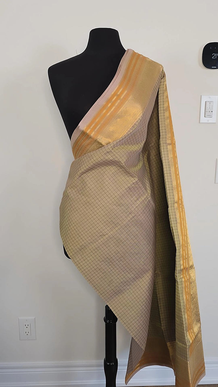 Beige silk cotton check saree