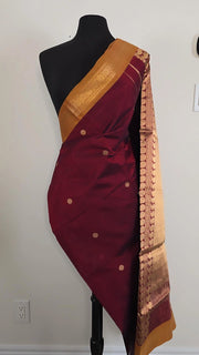 Deep Maroon Pure Handloom Silk Cotton Saree With Mustard Border