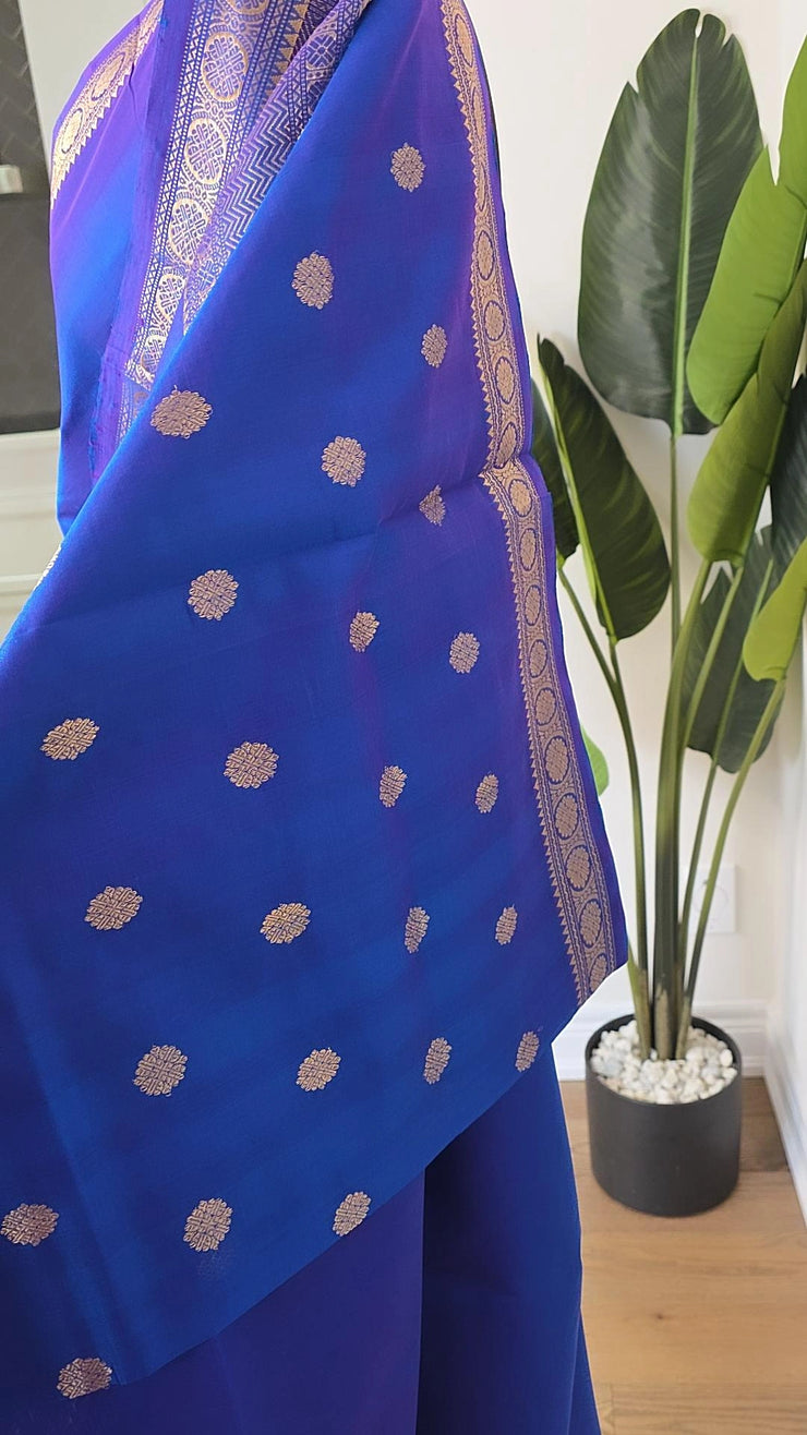 Blue Kutty Border Pure Handloom Silk Cotton