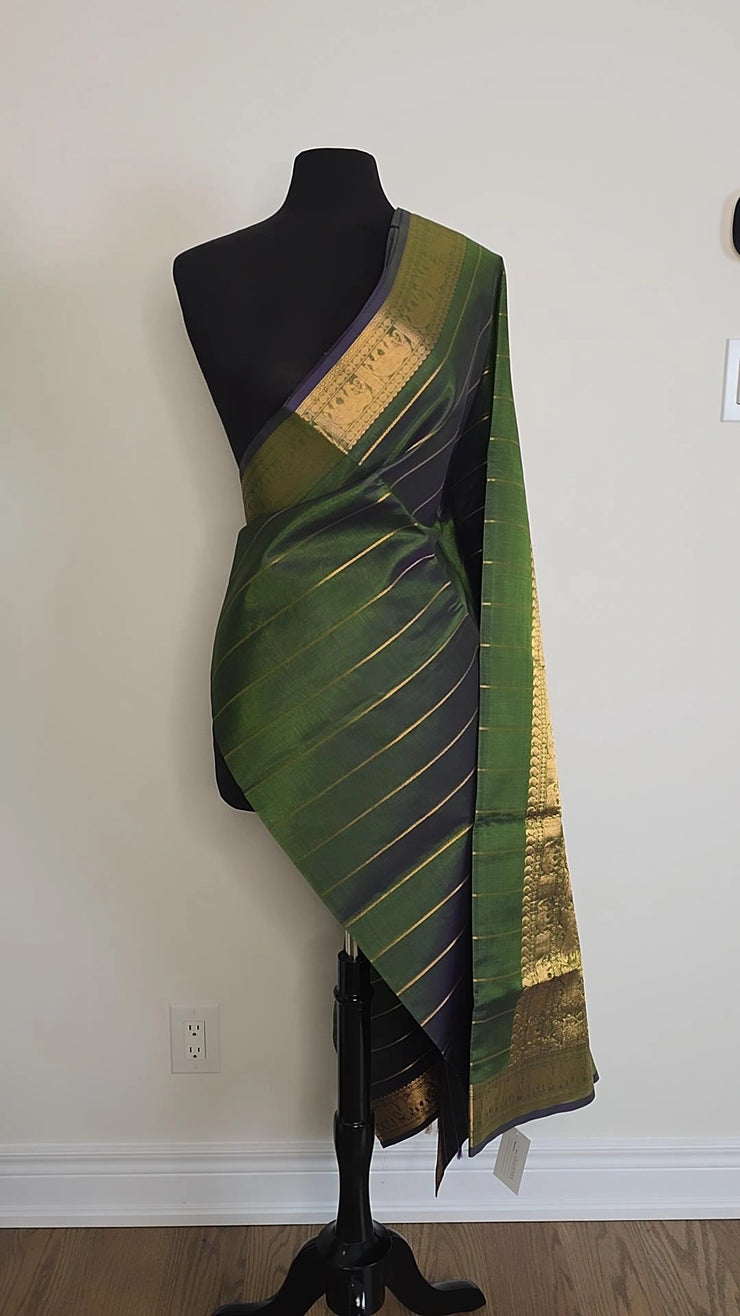 Dual Tone Olive Green Pure Handloom Silk Cotton