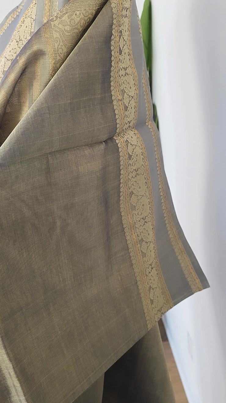 Earthy Green Grey Pure Handloom Silk Cotton