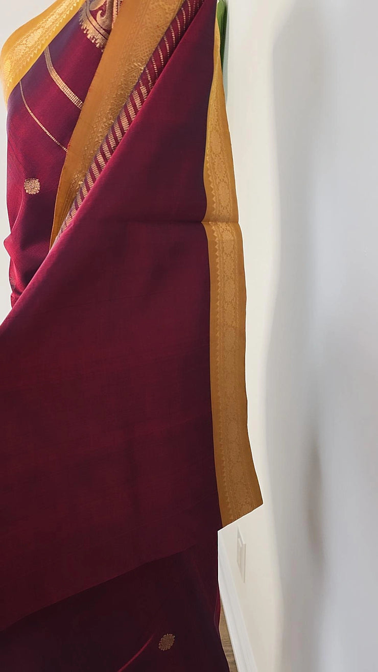 Deep Maroon Pure Handloom Silk Cotton Saree With Mustard Border