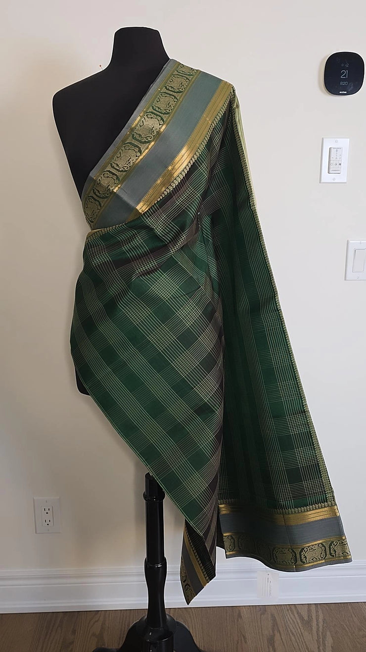 Dark Green Pure Handloom Silk Cotton Check