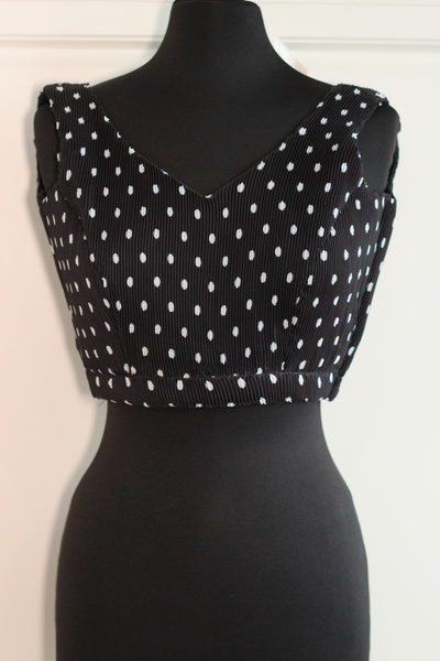 Our custom designed white & black polka dots pleated fabric sleeveless blouse - Size 30