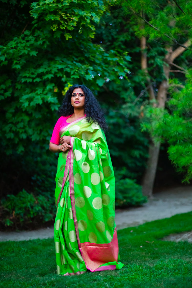 Chartreuse with hot pink cotton silk saree