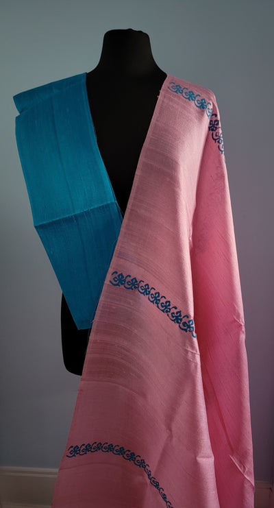 Bubble gum pink with baby blue raw silk saree