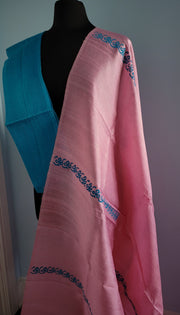 Bubble gum pink with baby blue raw silk saree