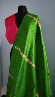 Emerald green with majentha raw silk saree