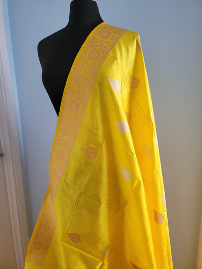 Yellow with copper & silver pure silk banarasi