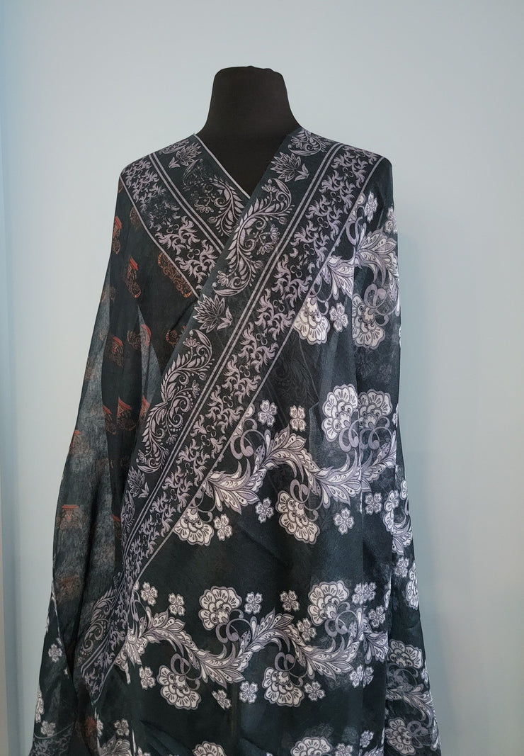 Grey floral cotton silk saree