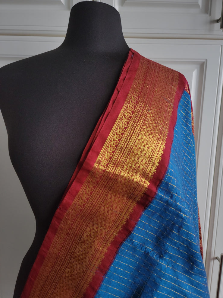 Teal Blue Check With Maroon Kanchi Cotton