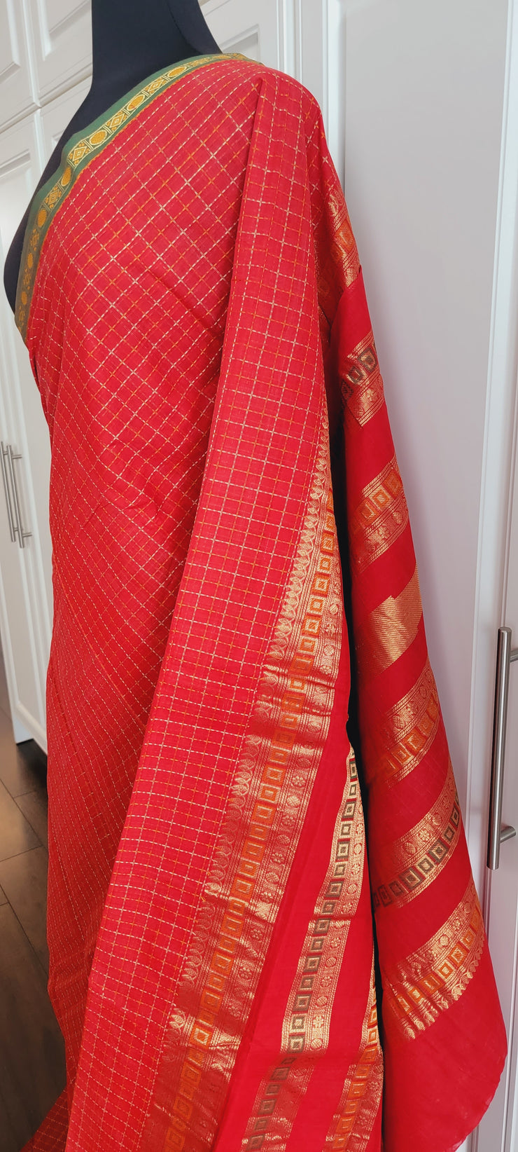 Red Check With Green Border Premium Handloom Cotton