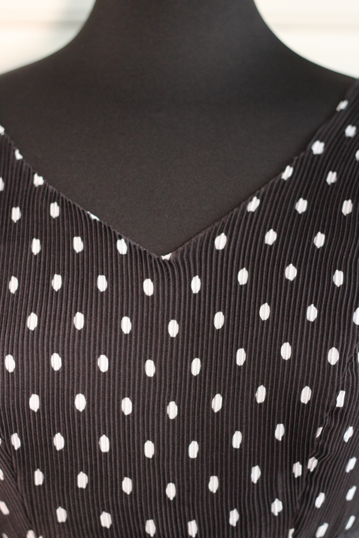 Our custom designed  black & white polka dots pleated fabric sleeveless blouse - size 30 