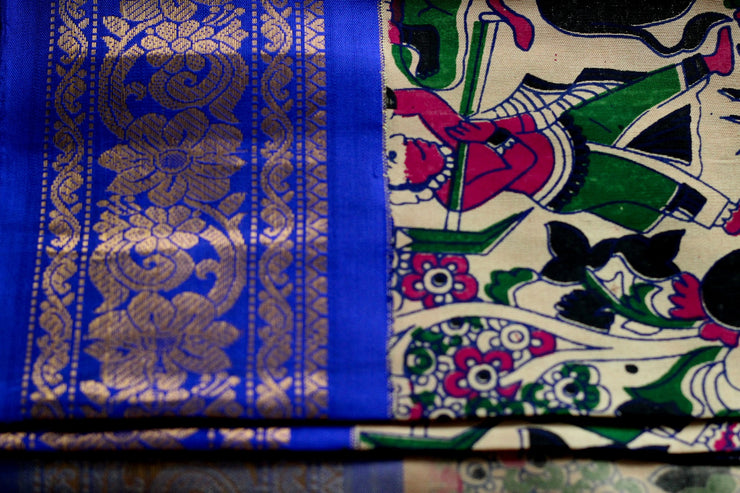 Gadwal silk with pen kalamkari work, offwhite wtih blue and gold saree