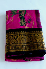 Gadwal silk with pen kalamkari work, purple and black saree