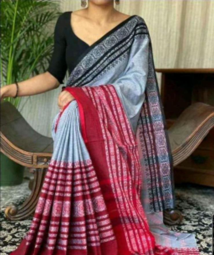 Grey with red & black khadi saree