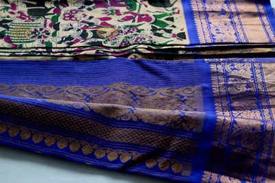 Gadwal silk with pen kalamkari work,Offwhite with blue and gold saree