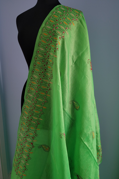 Green kantha embroidery saree with blouse material