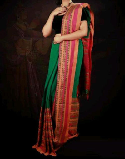 Dark green with orange and purple khadi cotton saree