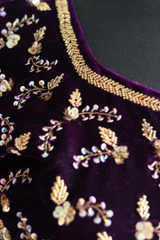 Purple velvet with gold zardozi work blouse
