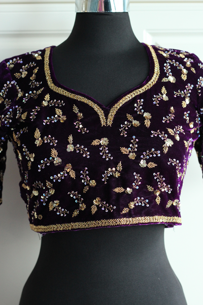 Purple velvet with gold zardozi work blouse