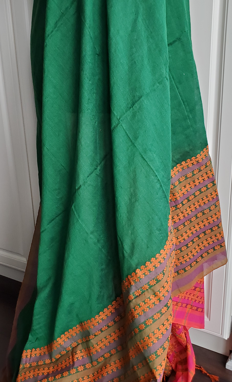 Dark green with orange and purple khadi cotton saree